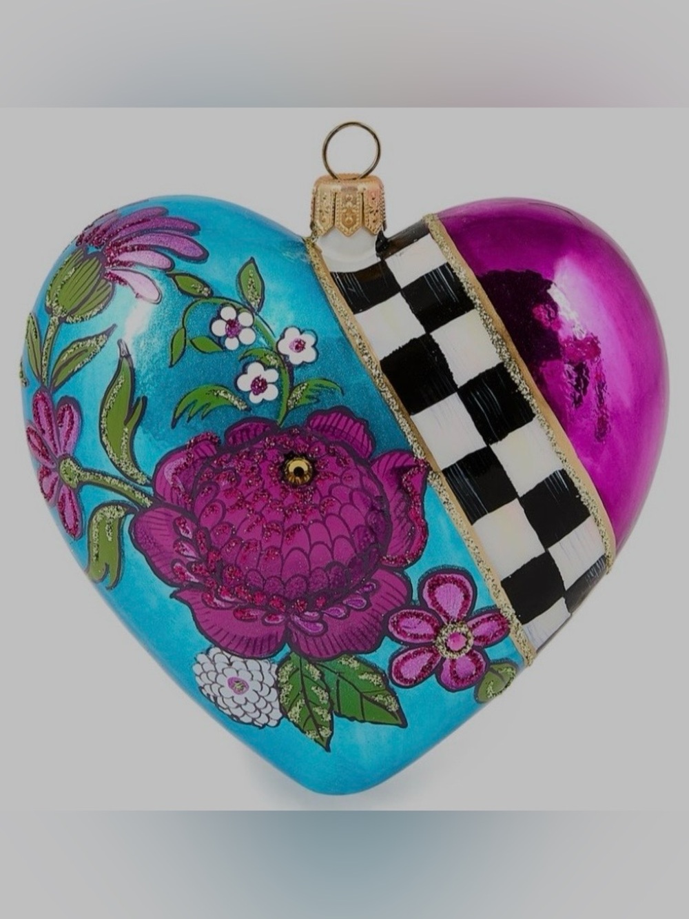 Mackenzie-Childs, NWT, in gorgeous gift box, retired Floral Heart Glass Ornament